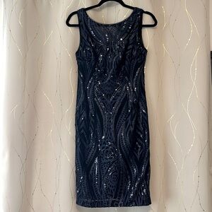 Calvin Klein Like New Size 2 Black with Navy Embroidery & Sequins Cocktail Dress